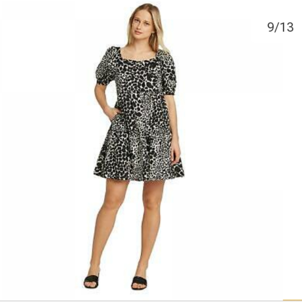 Women's Leopard Print Puff Short Sleeve Dress - Wh